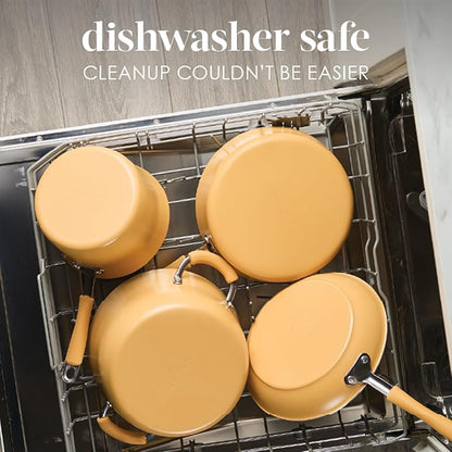 Rachael Ray Cucina Ceramic Cookware Set - 13 Pieces - Ceramic Pots and Pans Set w/Nonstick Frying Pans, Saute Pan, Saucepans, Stockpot, Lids, Pan Protectors & Cooking Utensils - Turmeric - Image 5