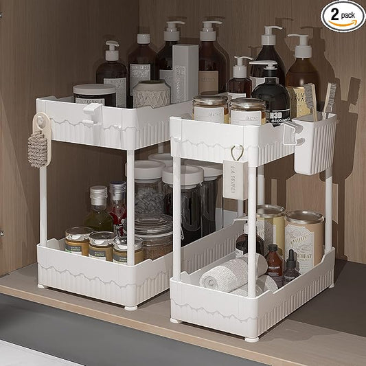 Sevenblue 2 Pack Under Sink Organizer, Under Bathroom Cabinet Organizer with Hooks Hanging Cup, Multi-Purpose Storage Shelf for Kitchen Bathroom (White, 12.8 Inch) by Sevenblue