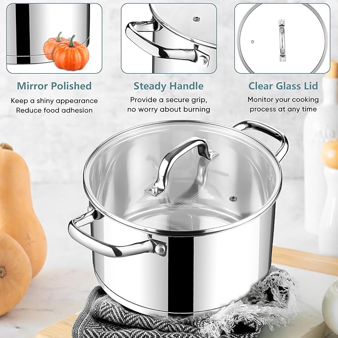 E-far 6 Quart Stock Pot with Lid, Stainless Steel Stockpot for Cooking Simmering Soup Pasta Sauce, with Tri-Ply Bottom & Visible Cover, Induction/Gas/Dishwasher Safe, Heavy Duty & Non Toxic - Image 5