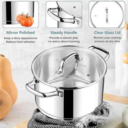 E-far 6 Quart Stock Pot with Lid, Stainless Steel Stockpot for Cooking Simmering Soup Pasta Sauce, with Tri-Ply Bottom & Visible Cover, Induction/Gas/Dishwasher Safe, Heavy Duty & Non Toxic - Image 5