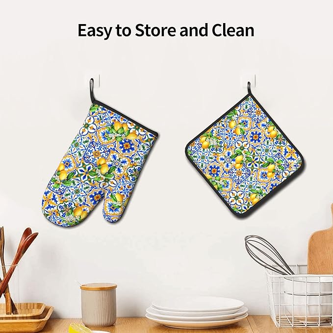 Lemon Oven Mitts - Summer Kitchen Mitts Pot Holders Teal Blue and Yellow Hot Mitts Boho Floral Hot Pads Sets of 2 for Cooking Baking Grilling - Image 6