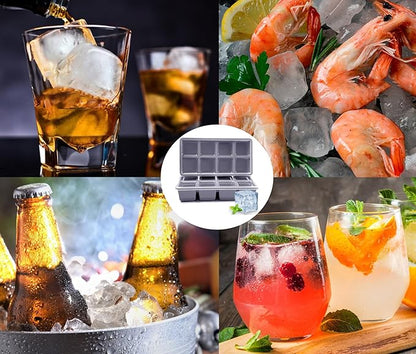 Large Ice Cube Trays with Lid, Jrisbo 2 Pack Stackable Silicone Ice Cube Molds for Freezer, Easy Release 16 Big Square Ice Trays for Whisky Cocktails (Pure Gray) - Image 5