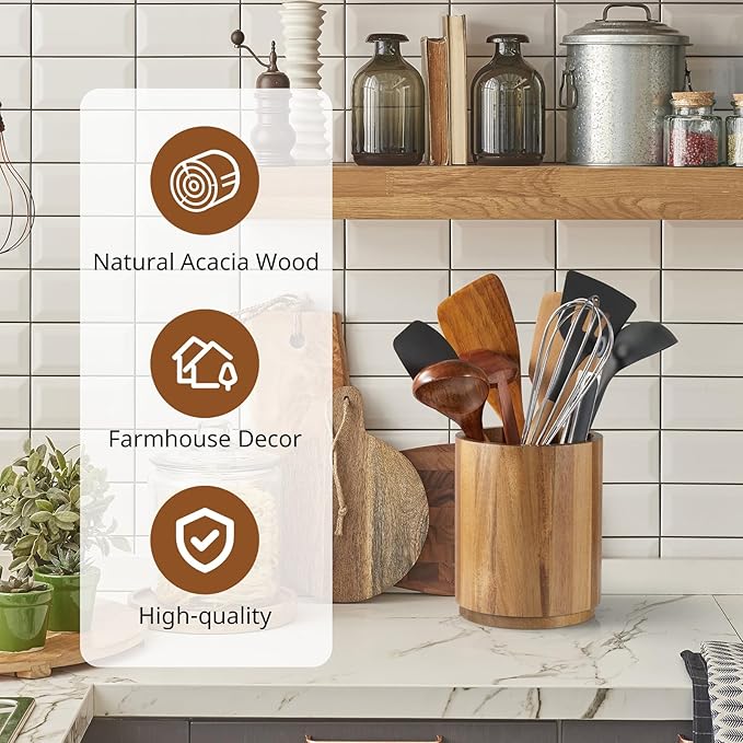 Bivvclaz Acacia Wood Utensil Holder, 360°Rotating 7.2" Utensil Holder for Kitchen Counter, Large Kitchen Utensil Holder, Cooking Utensil Crock for Countertop, Farmhouse Kitchen Decor and Accessories - Image 4