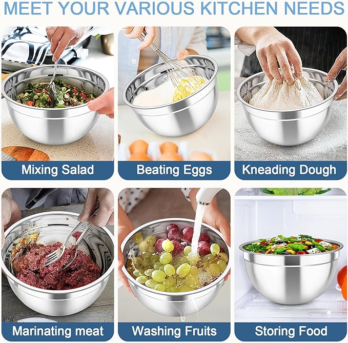 TeamFar Mixing Bowls with Lids, 5PCS Stainless Steel Metal Salad Bowl with 3 Grater Attachments, for Cooking, Prepping, Serving, Healthy, Airtight Lids & Easy Clean - 0.7/1 / 1.5/2.6/4.6QT - Image 6