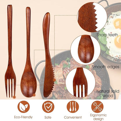 Molain Wooden Utensils for Eating - 18 Pcs Wooden Cutlery Set, Spoon Fork Knife Flatware Dinner Tableware Set, Eco-Friendly Wood Utensils for Kitchen and Travel