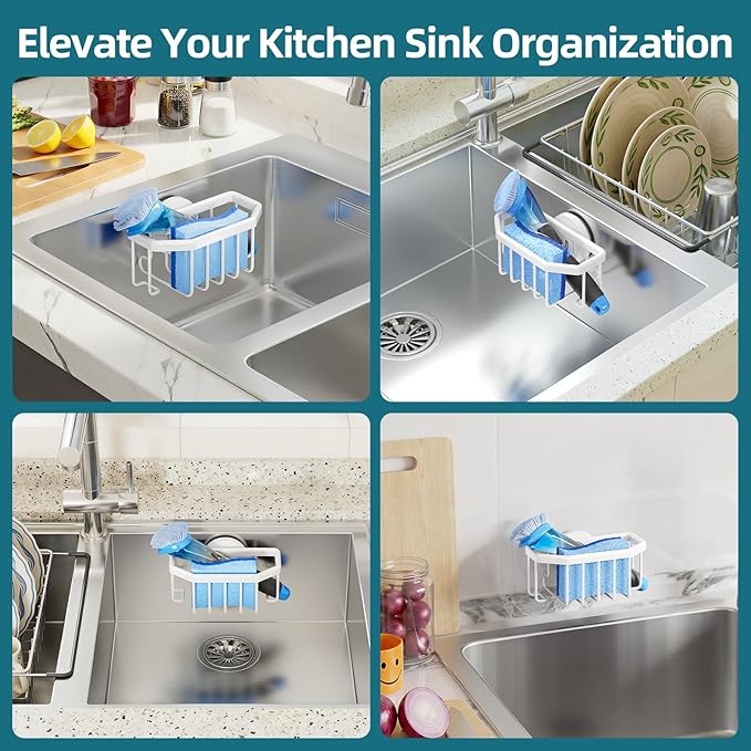 TAILI Sink Caddy with Strong Suction Cup, Sponge Holder for Kitchen Sink Organizer, Removable Sponge Caddy Inside Sink, Rustproof Aluminum Holder for Sponges, Brushes - White - Image 6