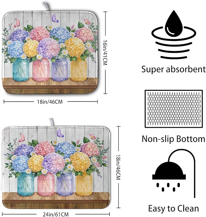 Hydrangea Dish Drying Mat for Kitchen Counter Spring Summer Floral Vases dish mat Microfiber Absorbent Dish Drainer Pad Rustic Farmhouse Floral Wooden Board Dish Draining Mats 18x24 Inch - Image 2