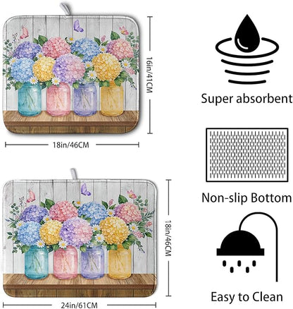 Hydrangea Dish Drying Mat for Kitchen Counter Spring Summer Floral Vases dish mat Microfiber Absorbent Dish Drainer Pad Rustic Farmhouse Floral Wooden Board Dish Draining Mats 16x18 Inch - Image 2
