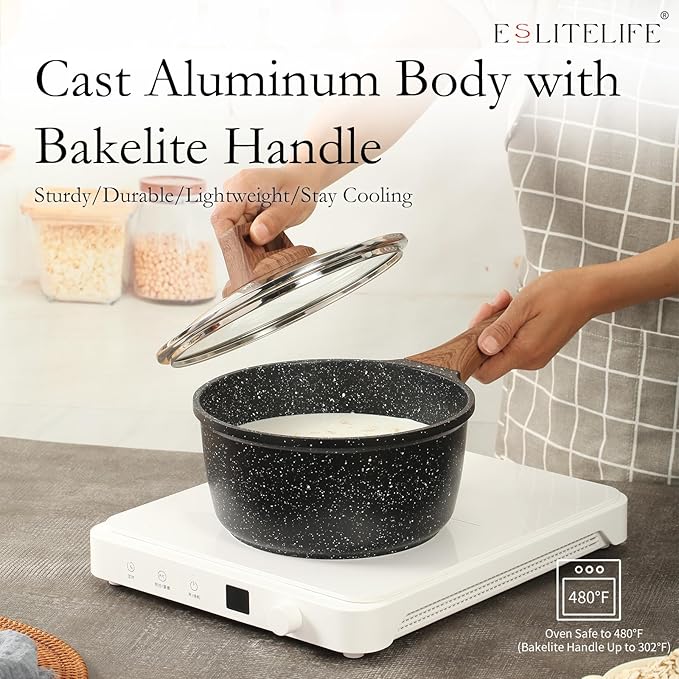 ESLITE LIFE 1.5 QT & 2.5 QT Sauce Pan Set with Lids, Nonstick Small Soup Pot Compatible with All Stovetops (Gas, Electric & Induction), PFOA Free, Black - Image 5
