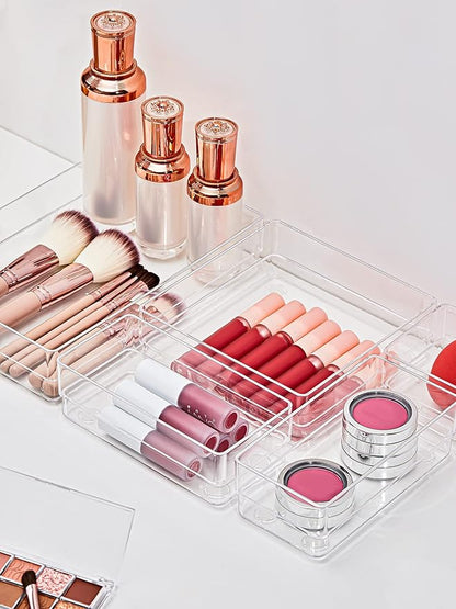 SMARTAKE 13-Piece Drawer Organizer with Non-Slip Silicone Pads, 5-Size Desk Drawer Organizer Trays Storage Tray for Makeup, Jewelries, Utensils in Bedroom Dresser, Office and Kitchen (Clear) - Image 3
