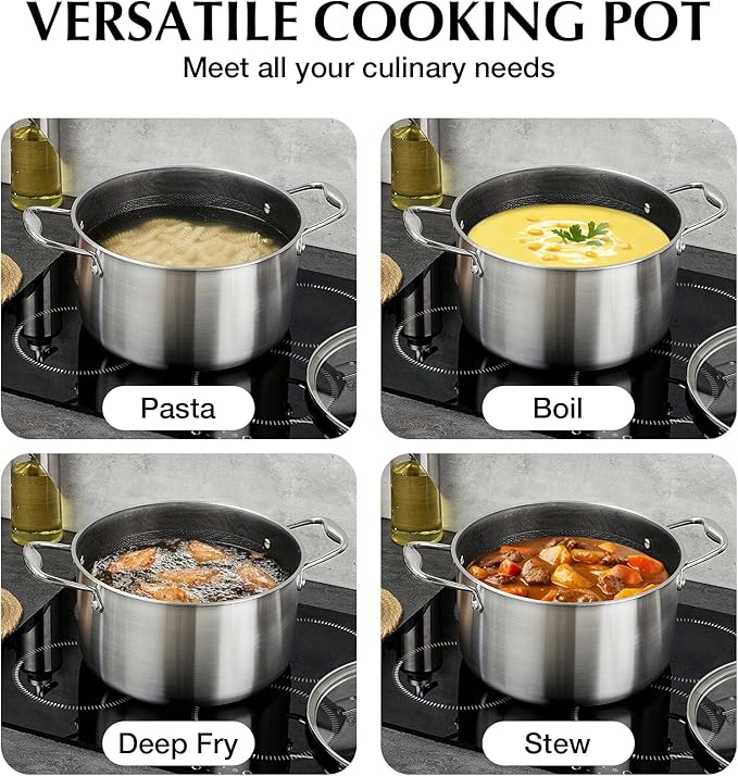 KOCH SYSTEME CS Triply Stainless Steel Pot 6 Quart, Nonstick Hybrid 18/10 Stainless Steel Stock Pot with Lid, Nonstick Cooking Pots with Honeycomb Interior, Compatible with All Cooktops, Oven Safe - Image 5