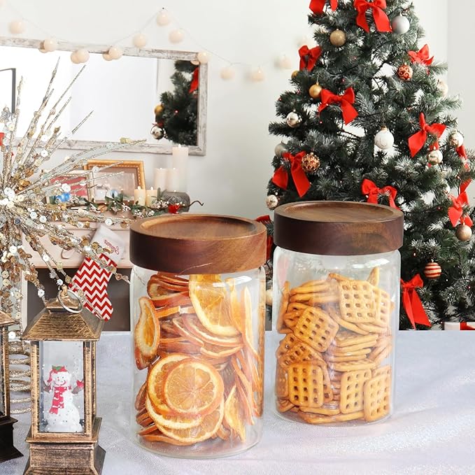 30oz Glass Coffee Jars with Airtight Wood Screw Lid Herb Spice Jar Round Storage Canister with Wooden Lid Clear Glass Food Jar for Pantry Sugar Tea Coffee Bean Spice Nuts Cookies Bath Salts - Image 5