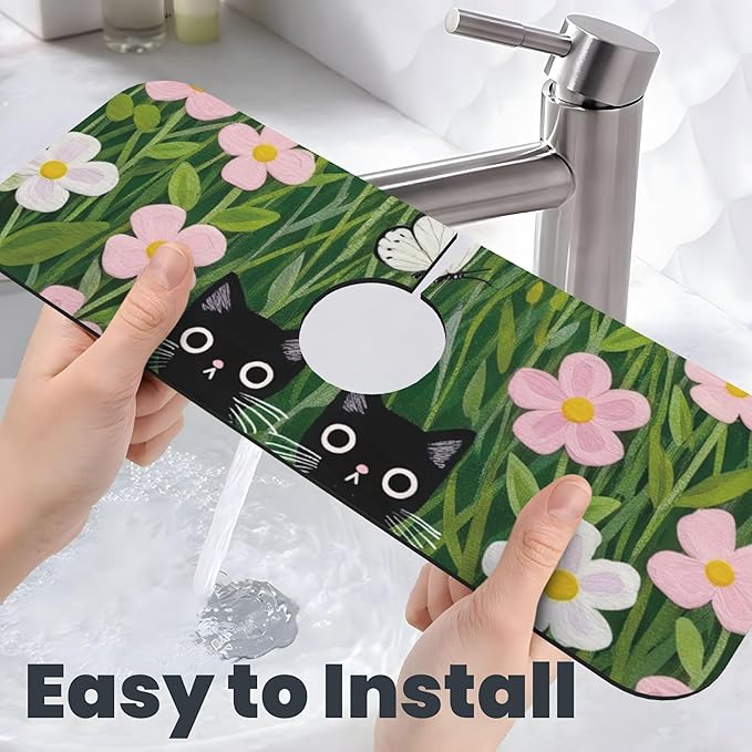 Pink Floral Cat Dish Drying Mat for Kitchen Counter, 16"x18" Microfiber Absorbent Fast Dry Mat, 2Pcs Dish Mat Faucet Mats Sets, Large Drying Kitchen Mat Kitchen Drying Pad Coffee Bar Decor Gifts