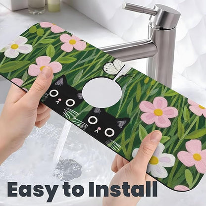 Pink Floral Cat Dish Drying Mat for Kitchen Counter, 18"x24" Microfiber Absorbent Fast Dry Mat, 2Pcs Dish Mat Faucet Mats Sets, Large Drying Kitchen Mat Kitchen Drying Pad Coffee Bar Decor Gifts