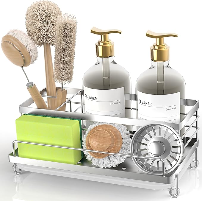 Cisily Stainless Steel Sponge Holder for Kitchen, Sink Caddy Sink Organizer Rack for Kitchen Accessories with Drip Tray, Rustproof and Non-slip, Dish Soap Dispenser Countertop Organizer by CISILYHOMELIFE