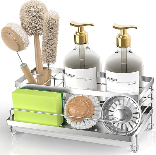 Cisily Stainless Steel Sponge Holder for Kitchen, Sink Caddy Sink Organizer Rack for Kitchen Accessories with Drip Tray, Rustproof and Non-slip, Dish Soap Dispenser Countertop Organizer by CISILYHOMELIFE