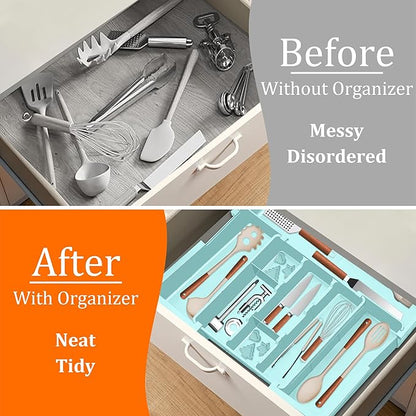 Large Utensil Drawer Organizer Expandable Silverware Organizer for Kitchen Drawer Adjustable Cooking Utensil Holder Cutlery Flatware Tray Spatula Tools Gadgets Storage Dividers Plastic Turquoise - Image 3