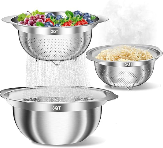 Stainless Steel Colanders with Mixing Bowl - 2.0QT & 2.0QT Strainer and Colander with Handle, 3.0QT Nesting Kitchen Bowl with Colander For Pasta, Vegetables, Fruit, Rice, 3PCS by UTTKOJ