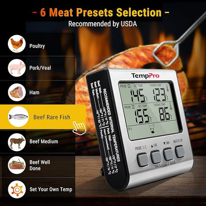TempPro TP17 Dual Probe Digital Cooking Meat Thermometer Large LCD Backlight Food Grill Thermometer with Timer Mode for Smoker Kitchen Oven BBQ, Silver (Previously ThermoPro) - Image 4