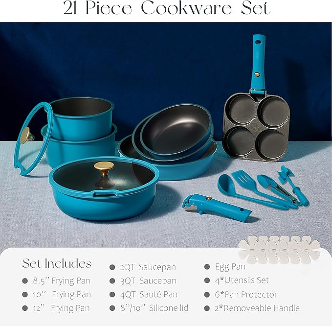 CAROTE 21pcs Pots and Pans Set, Nonstick Cookware Set Detachable Handle, Induction Kitchen Cookware Sets Non Stick with Removable Handle, RV Cookware Set, Peacock Blue - Image 2
