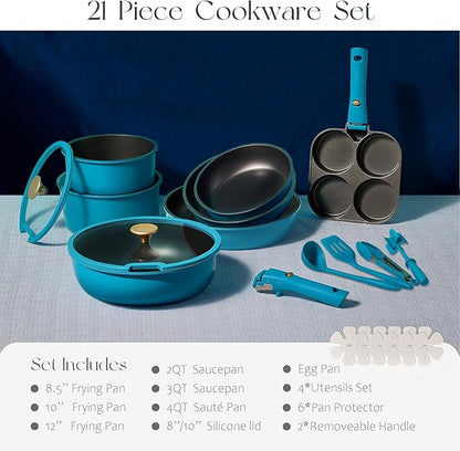 CAROTE 21pcs Pots and Pans Set, Nonstick Cookware Set Detachable Handle, Induction Kitchen Cookware Sets Non Stick with Removable Handle, RV Cookware Set, Peacock Blue - Image 2