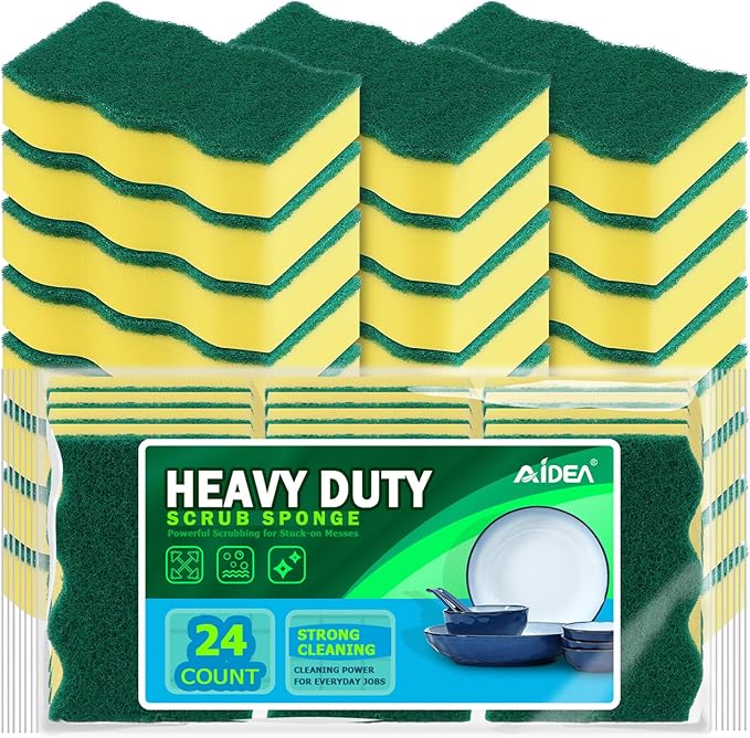 AIDEA Sponges Kitchen, 24 Pack Heavy Duty Dish Sponge, Cleaning Dish Scrubber Sponge for Home and Kitchen, Stink-Free Cleaning Supplies for Pots, Pans by AIDEAHOME