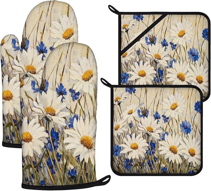 Daisy Flowers Oven Mitts and Pot Holders Sets 4Pcs,Extra Long Oven Gloves Potholder for Kitchen Cooking Baking BBQ 100% Cotton Heat Resistant by VisittheDuibelproduct