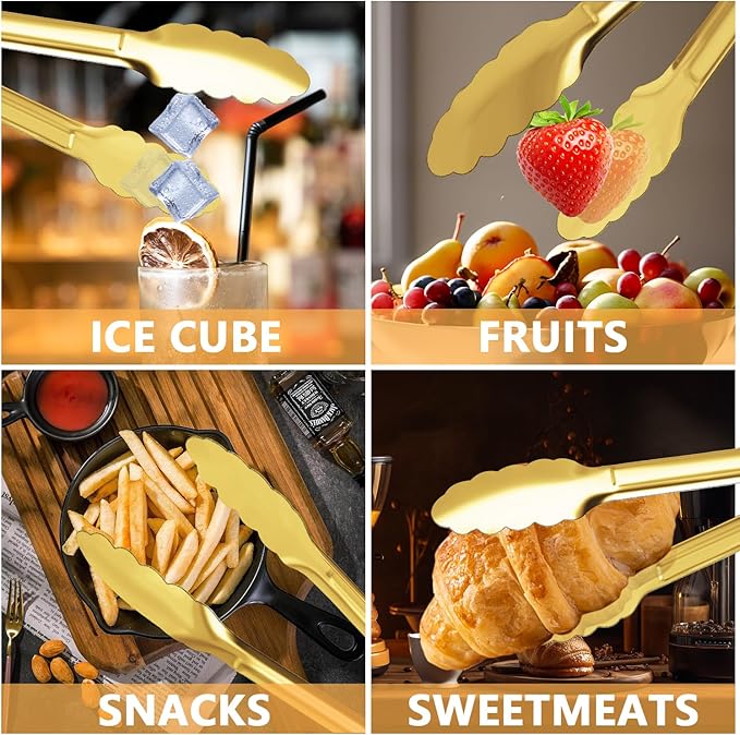 4 Pack Gold Serving Tongs XEVOM Buffet Tongs Serving Utensils Salad Tongs Stainless Steel Gold Plated Buffet Serving Tongs,9 Inch - Image 5