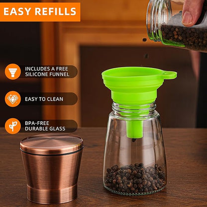 DAVIMADE Short Copper Salt and Pepper Grinder Set of 2，Refillable Adjustable Coarseness Stainless Steel Glass Bottle, Pepper Mills W/Funnel for Kitchen
