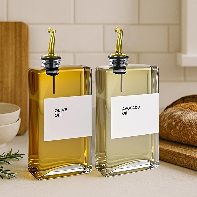 Spaceneat Olive Oil Dispenser Bottle - Includes 44 Kitchen Essential Labels - Cooking Oil Bottles for Kitchen, Coffee Syrup Dispenser - Pourer Spout with 11.8 fl oz Glass Container Cruet - 2pcs, Gold - Image 4