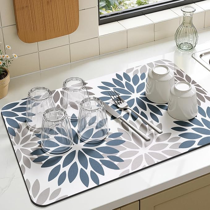 Findosom Floral Dish Drying Mat, 12" x 20" Super Absorbent & Hide Stain Coffee Mat, Cuttable Drying Mat for Kitchen Counter, Under Dish Rack, Coffee Maker, Espresso Machine, Blue