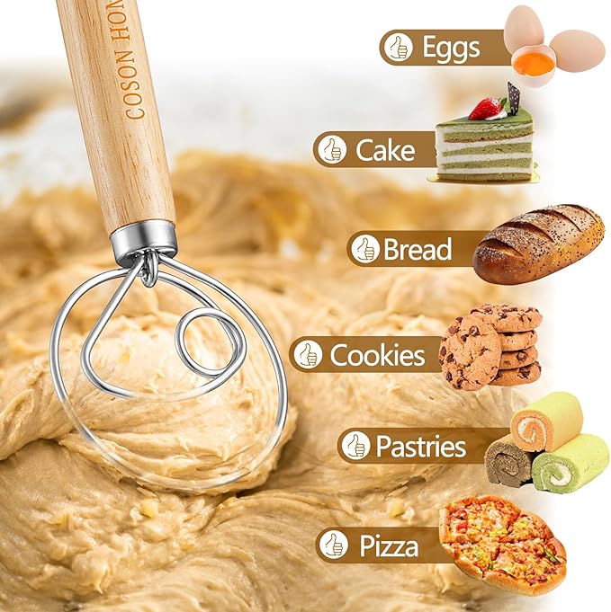 Pack of 2 Danish Dough Whisk, Kitchen Baking Flour Mixing Tool for Sourdough, Bread, Flour Paste, Butter, Pancake, Pizza, Cake, Pastry, Biscuits, Wooden Handle Stainless Steel Ring - Image 4