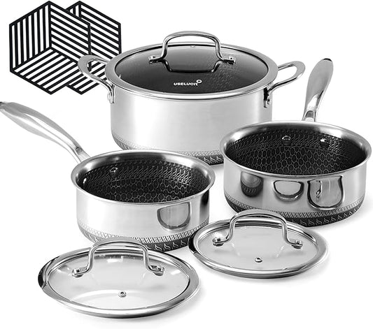 Hybrid Nonstick Pot Set,Stainless steel pot,1.5QT sauce pan,2 and 5 QT Stock Pot with Glass Lid,Dishwasher Safe,Oven Safe,Compatible for All Cooktops. by useluck