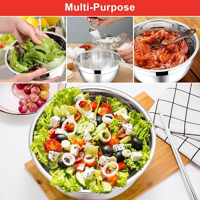 E-far Mixing Bowls with Lids, 6-Piece Stainless Steel Salad Bowls Metal Nesting Bowls for Baking Cooking and Prepping, Airtight Lids & Stackable Design, Size 4.5, 3, 1.5 QT (Red) - Image 4