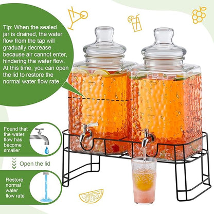 Honeydak 2.6 Gallon Glass Beverage Dispenser with Stand Stainless Steel Spigot Glass Lid Clear Iced Juice Container Leakproof Drink Dispenser Countertop Lemonade Water Jar for Wedding Party (2 Pack)