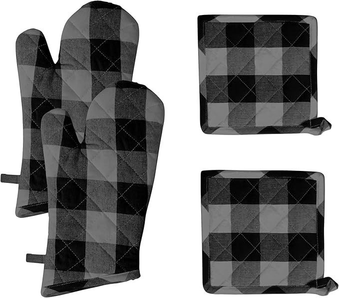 Native Fab Buffalo Plaid Check Oven Mitts and Pot Holders Set of 4, 100% Cotton Heat Resistant Kitchen Gloves, 2 Oven Mitts (7x13), 2 Pot Holders (8x8) for Cooking & Baking, Ash Grey Black by NativeFab