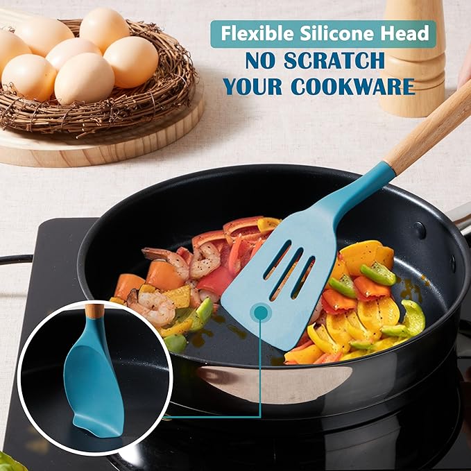 E-far Blue Silicone Cooking Utensils Set, 10-Piece Kitchen Utensils Set with Wooden Handle for Nonstick Cookware, Heat Resistant Kitchen Nonstick Tools Spatula Whisk Tongs Ladle, Non-toxic & Healthy - Image 4