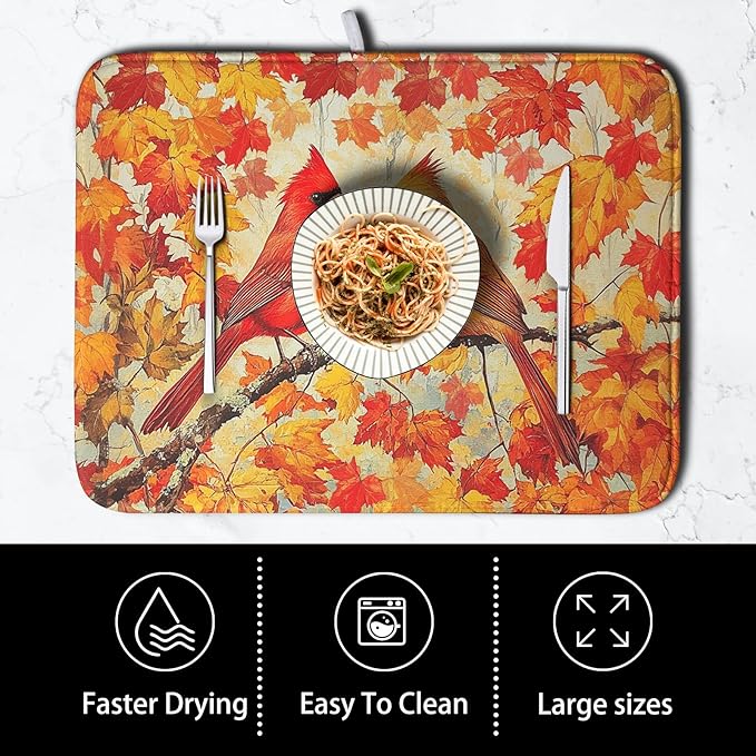 Fall Dish Drying Mats for Kitchen Counter Maple Leaf Cardinal Birds Dish Draining Mat 18x24 Inch Autumn Thanksgiving Dish Rack Mat Microfiber Absorbent Dish Drainer Pad - Image 4