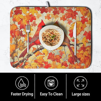 Fall Dish Drying Mats for Kitchen Counter Maple Leaf Cardinal Birds Dish Draining Mat 16x18 Inch Autumn Thanksgiving Dish Rack Mat Microfiber Absorbent Dish Drainer Pad - Image 4