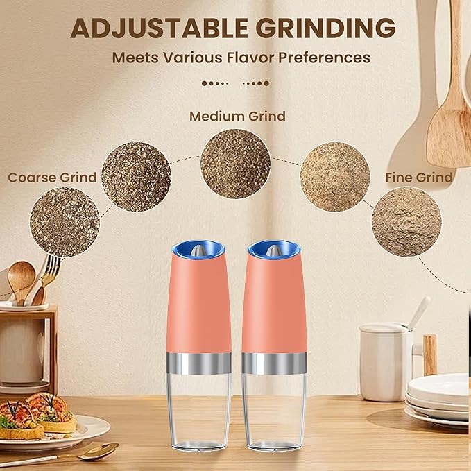 Gravity Electric Salt And Pepper Grinder Set, Automatic Salt And Pepper Grinder Set, Battery Powered (6 AAA Batteries Each), Adjustable Roughness, LED Light, 2 Pack, (Pink) - Image 3