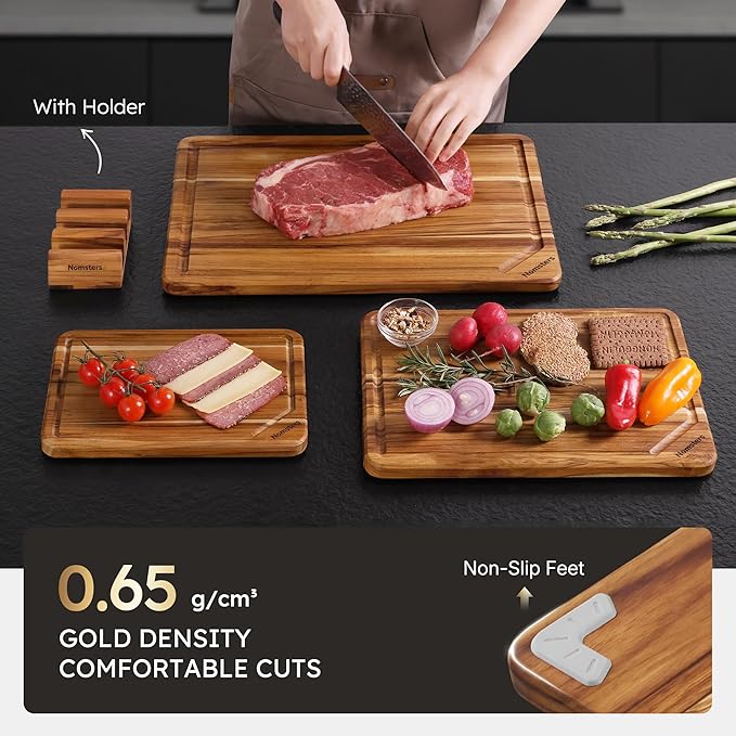 3 Pack Teak Wood Cutting Board Set for Kitchen Charcuterie Board Serving Heavy Duty Non Toxic Slip Hardwood Over Sink Solid Thick Haus Wooden Chopping Board Large Big Small Meat Best Essential Gift - Image 5