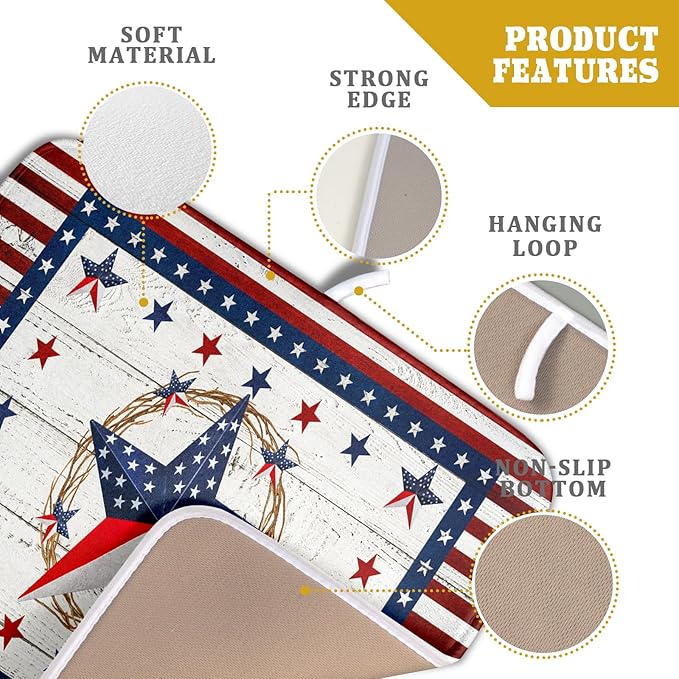 Giwawa Patriotic Stars Dish Drying Mat 4th of July America Star Wreath Dish Drainer Mats for Kitchen Countertop 16"x18" Rustic Independence Day Reversible Dish Drying Pad Small Decor