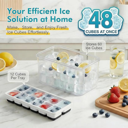 NFK Ice Cube Tray with Lid & Bin - 4 Pack 48 Cubes Stackable Silicone Trays for Freezer with Storage Container, Leak-Proof Lids, BPA-Free, Easy Release for Kitchen, RV, Party, Cocktail & Coffee - Image 3