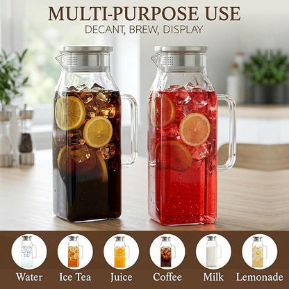 2 Pack Square Glass Pitcher with Lid and Handle, 68oz 2 Liter Borosilicate Glass Water Pitcher for Fridge, Heat Resistant Iced Tea Pitcher, Glass Carafe for Hot Cold Beverages Juice Lemonade