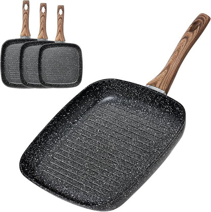NEWBULIG 3-Piece Nonstick Grill Pan Set, Square Griddle Pans with Wooden Handles, Induction Cooktop Compatible, Nonstick Cookware for Steak, BBQ, Vegetables, Black (9.5", 10.2", 11")
