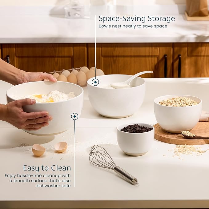 KooK Mixing Bowls, Ceramic Nesting Bowls, Stoneware Kitchen Bowls, For Prep, Serving, Dishwasher Safe, 18/40/90/140 oz, Set of 4, Moonstone - Image 3