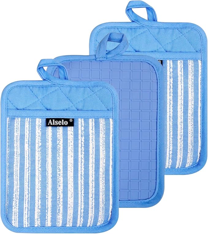 Alselo Silicone Pot Holders Set of 3 Heat Resistant & Non Slip Potholders, Professional Oven Hot Pads with Pockets Mitts for Kitchen Cooking Baking Barbecue (3, Blue) - Image 9