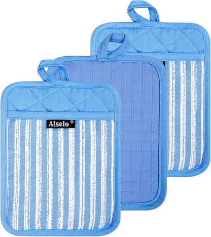 Alselo Silicone Pot Holders Set of 3 Heat Resistant & Non Slip Potholders, Professional Oven Hot Pads with Pockets Mitts for Kitchen Cooking Baking Barbecue (3, Blue) - Image 9
