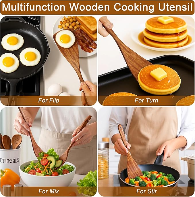 Jilla-hla Wooden Spatula Nonstick Turner Acacia Wood, Long Handle Flat Frying Spatulas Handmade for Kitchen Gifts, Ideal Cookware Utensils for Cooking Eggs, Fish, Pancakes - Image 2