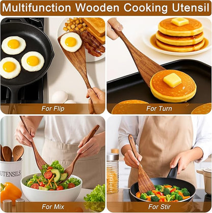 Jilla-hla Wooden Spatula Nonstick Turner Acacia Wood, Long Handle Flat Frying Spatulas Handmade for Kitchen Gifts, Ideal Cookware Utensils for Cooking Eggs, Fish, Pancakes - Image 2